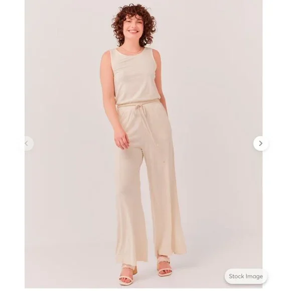 Pact Portside Organic Cotton Linen Cream Wide Leg Sleeveless Jumpsuit Lagenlook - Picture 4 of 12